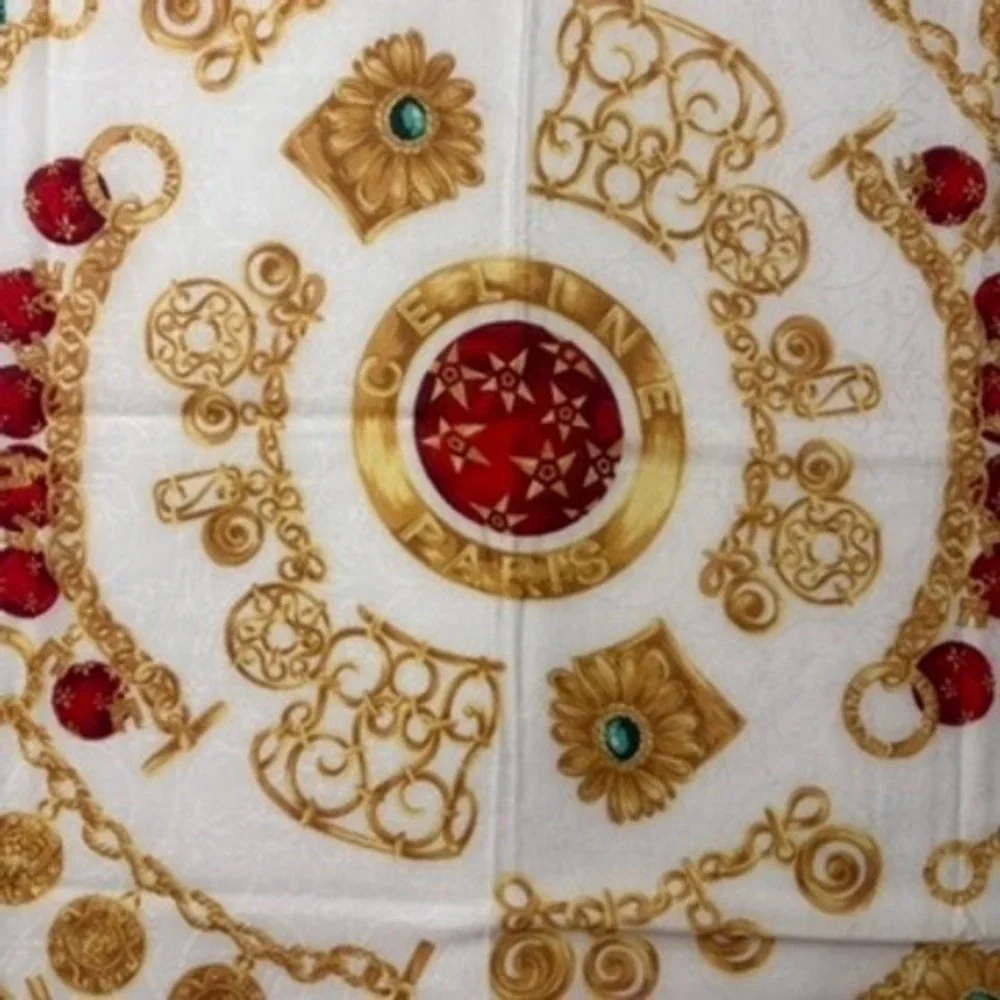 Vtg CELINE Scarf Handkerchief Jewelry Motif White Gold Red 19.5